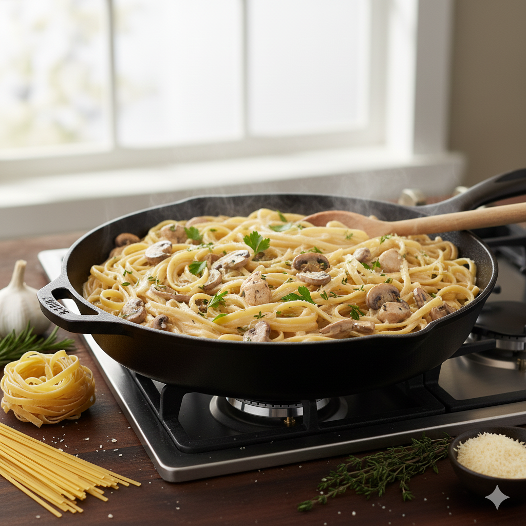 Noodle-hugging skillet pasta foundations cooking together in a pan, creating rich, comforting dinner flavors.