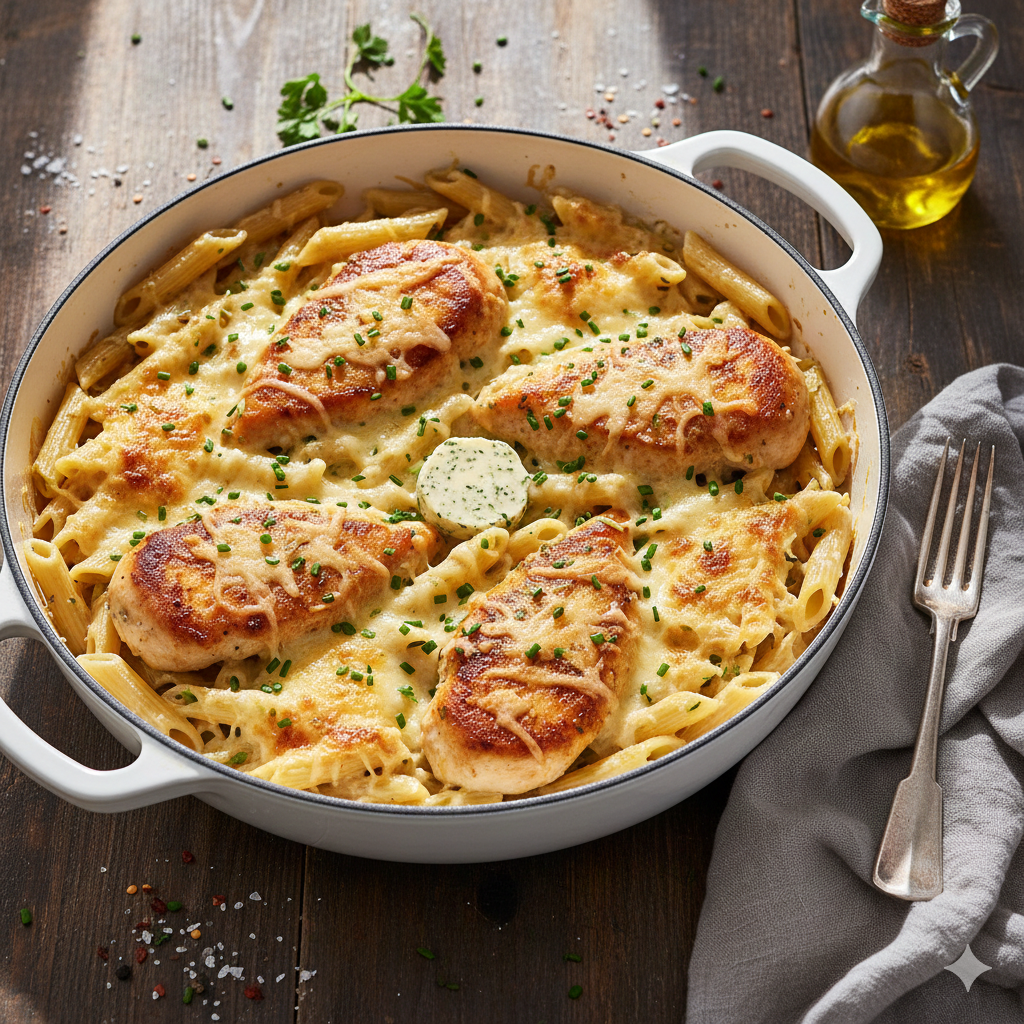 One-pan herb butter parmesan penne with tender chicken cooked in a creamy, buttery sauce and finished with grated parmesan and fresh herbs.