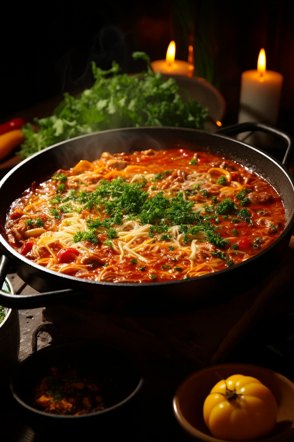 One-pan pasta cooking technique shown in a skillet, with pasta simmering directly in sauce for rich, unified flavor.