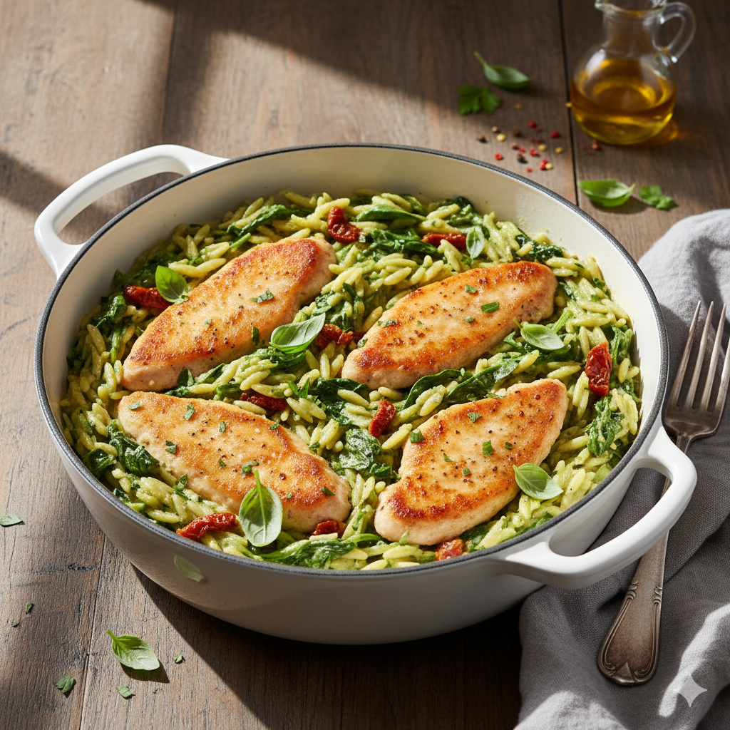 One-pot creamy basil chicken orzo served in a skillet with fresh basil