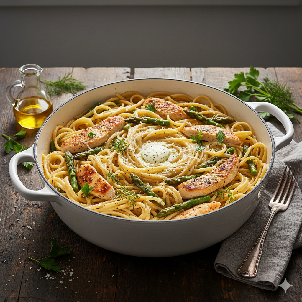 One-pot creamy chicken and asparagus linguine cooked with tender chicken, fresh asparagus, and a rich cream sauce.