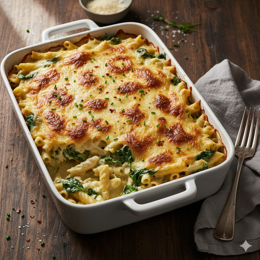 One-pot spinach artichoke ziti bake with pasta, spinach, artichokes, and a creamy, cheesy sauce baked until bubbly.