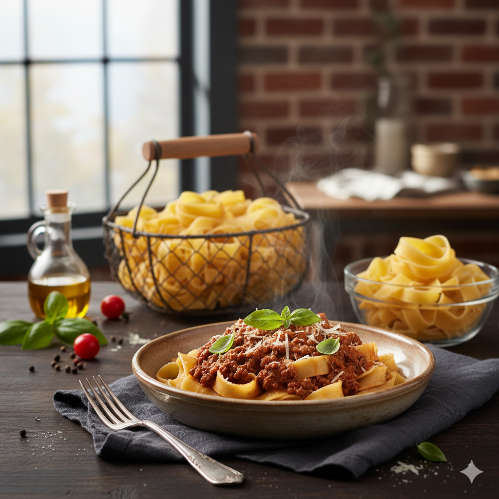 Wide pappardelle pasta ribbons holding sauce.