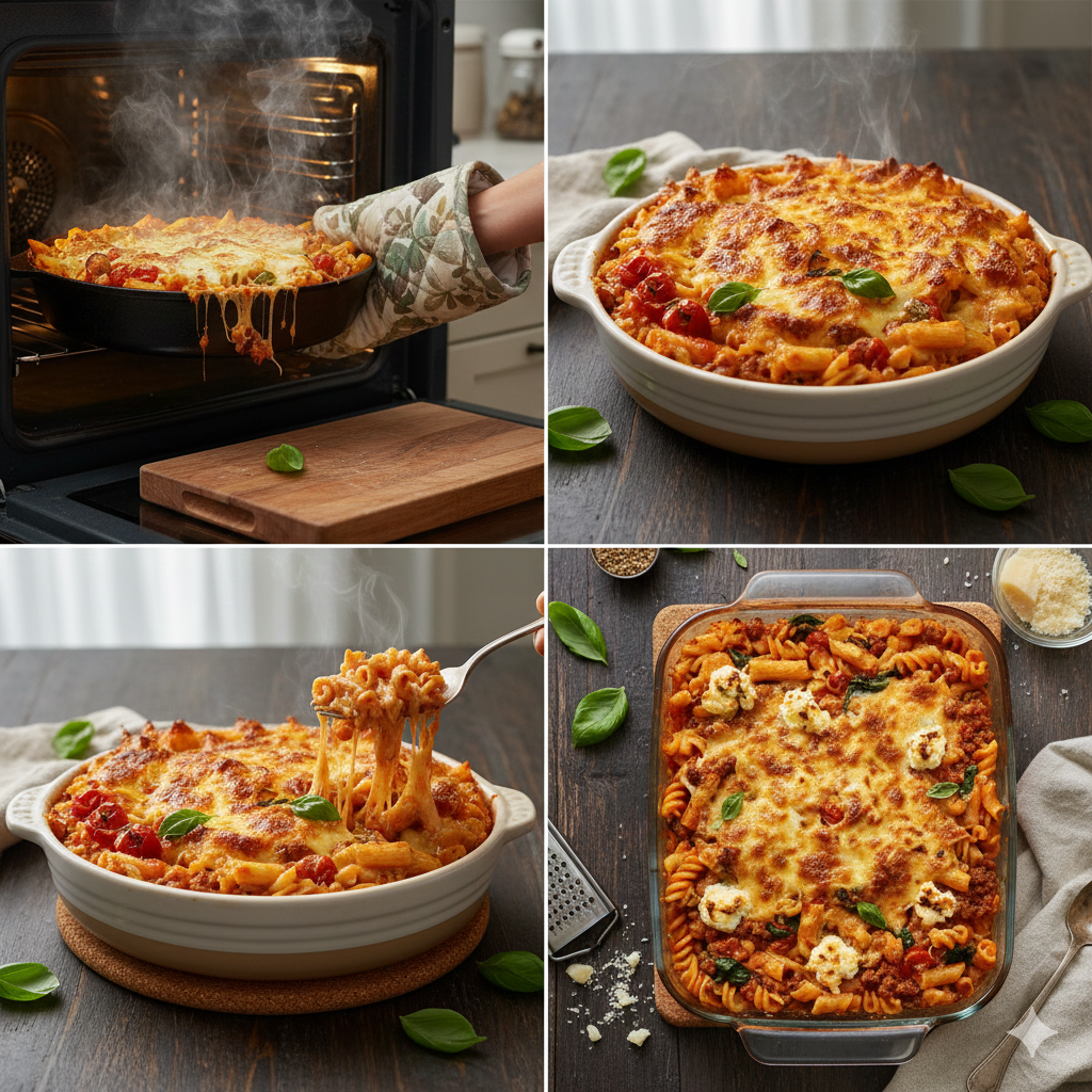 Pasta bake resting after baking to allow sauce to set.