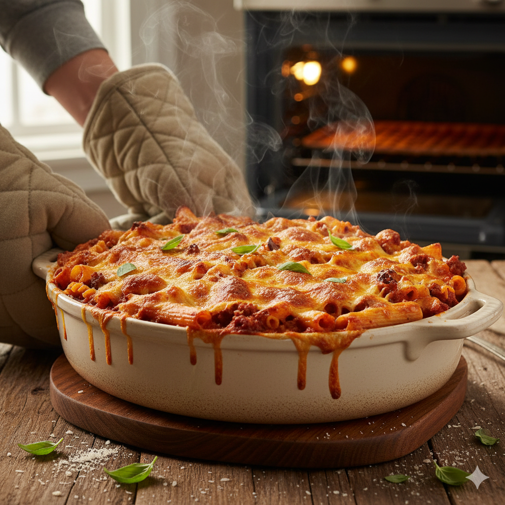 Bubble-hot pasta bake resting after coming out of the oven, allowing the sauce to set and flavors to settle before serving.