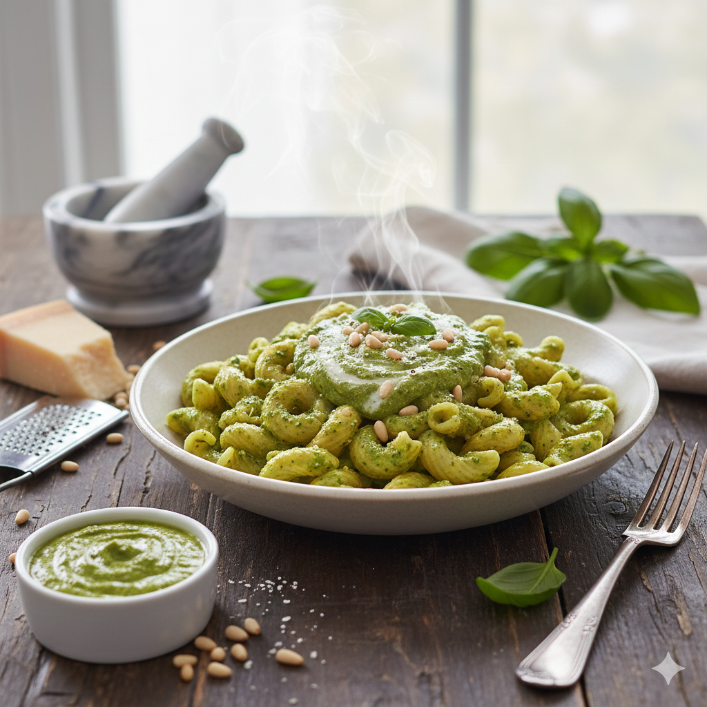 Creamy pesto pasta is mixed off heat to preserve flavor.