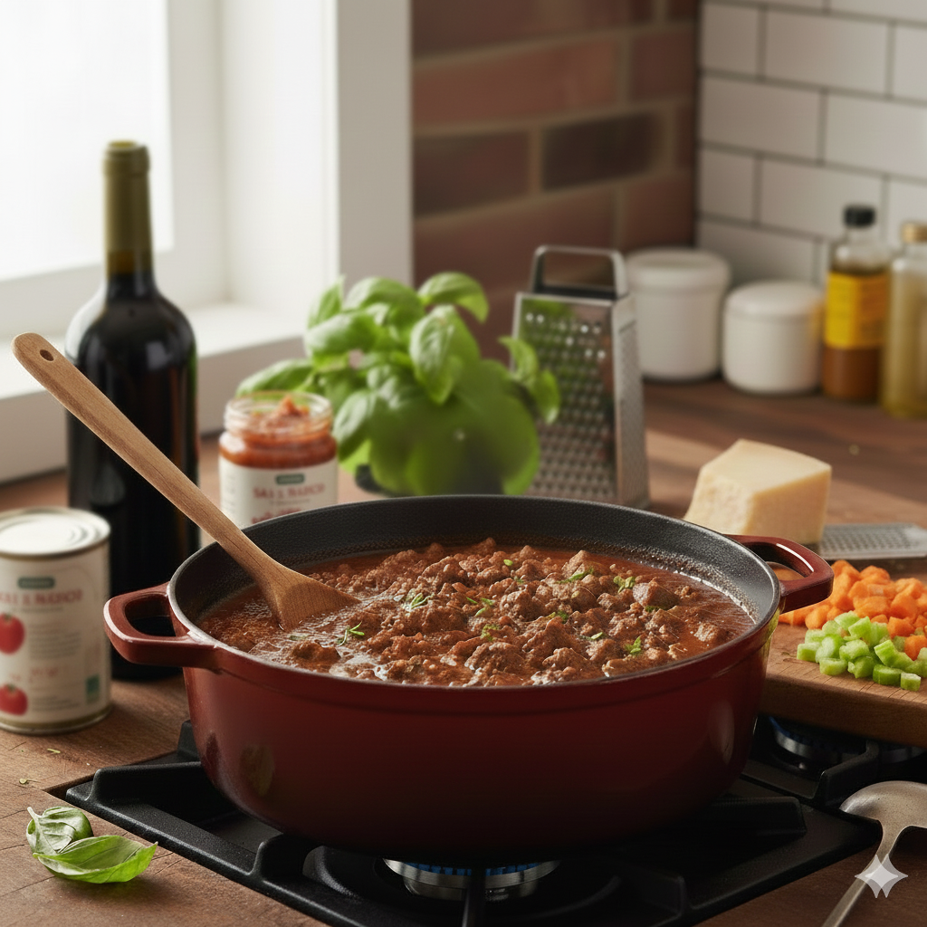 Slow-simmered ragu sauce gently cooking in a pot, rich and hearty, highlighting the comfort of long, unhurried cooking.