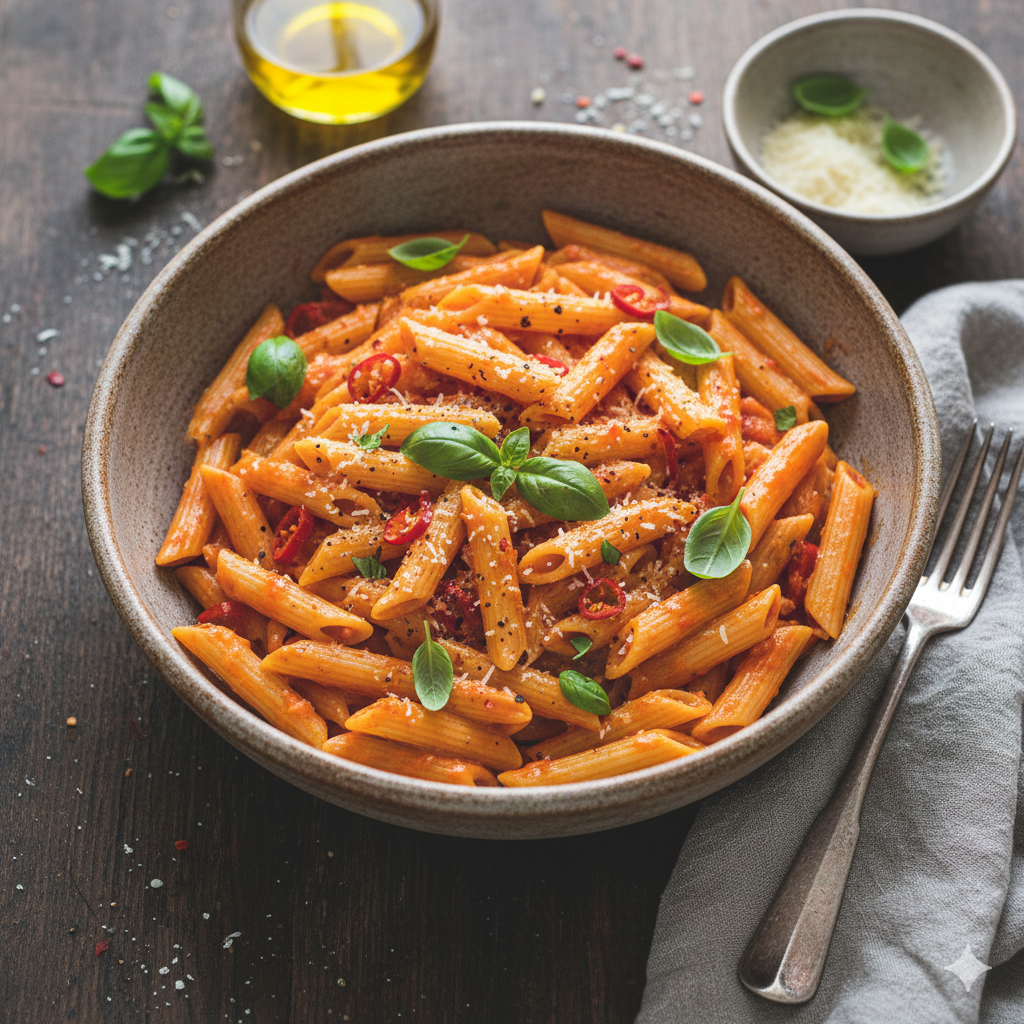 Roasted red pepper cream penne coated in a smooth, creamy sauce and served as a comforting pasta dinner.