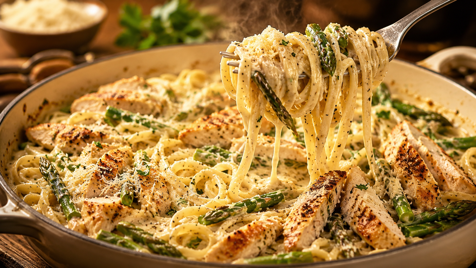 One-Pot Creamy Chicken and Asparagus Linguine with tender grilled chicken, fresh asparagus, and linguine coated in a rich Parmesan cream sauce, with a fork lifting a twirl of pasta.