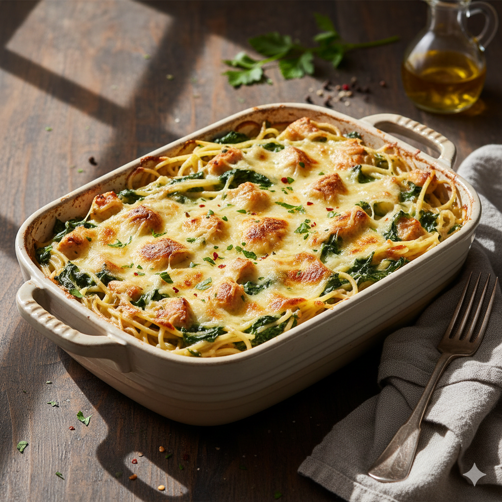 Creamy spinach chicken spaghetti bake with tender chicken, pasta, spinach, and a rich, cheesy sauce baked until bubbly.