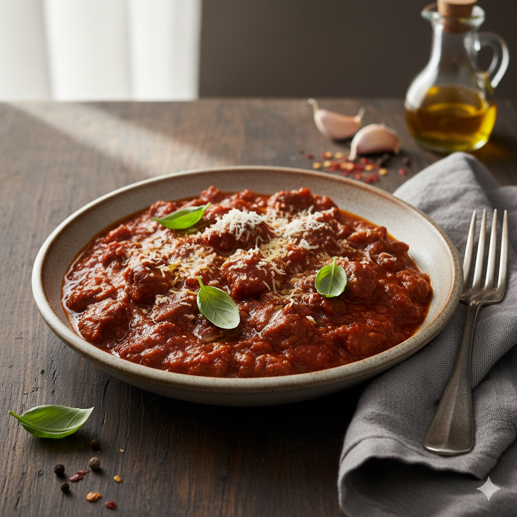 Rustic stove-simmered beef ragu sauce in a pot.
