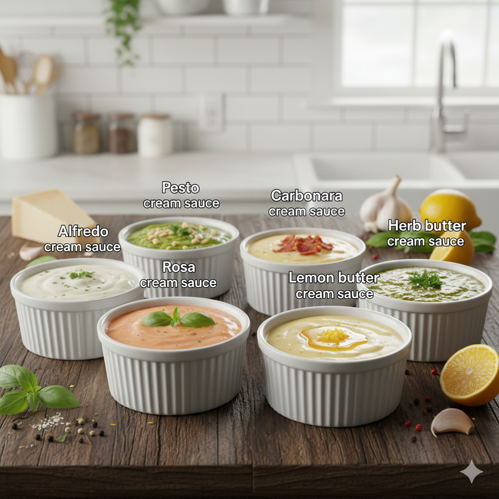 A collection of the six most loved pasta sauces, ranging from creamy classics to rich tomato-based favorites.