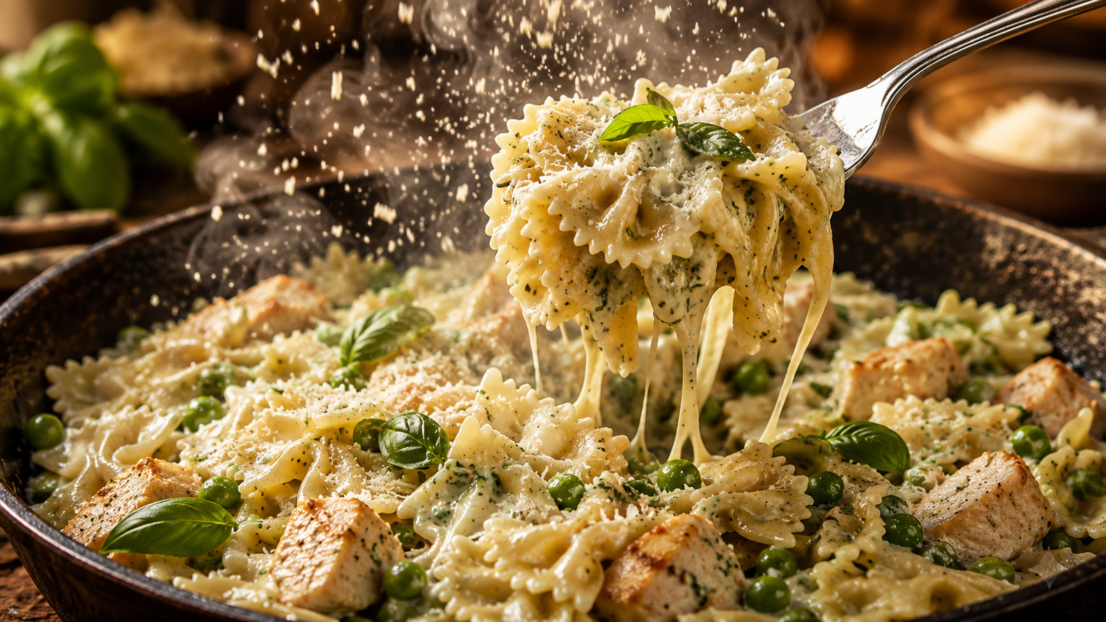 Creamy Basil & Parmesan Bow Tie Pasta with a fork lifting sauce-coated farfalle, tender chicken pieces, green peas, fresh basil, and grated Parmesan.