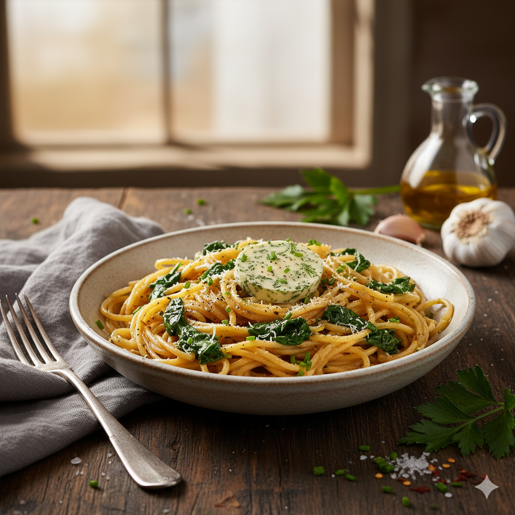 Creamy garlic butter spaghetti with spinach tossed in a rich, buttery sauce and served as a comforting noodle bowl.