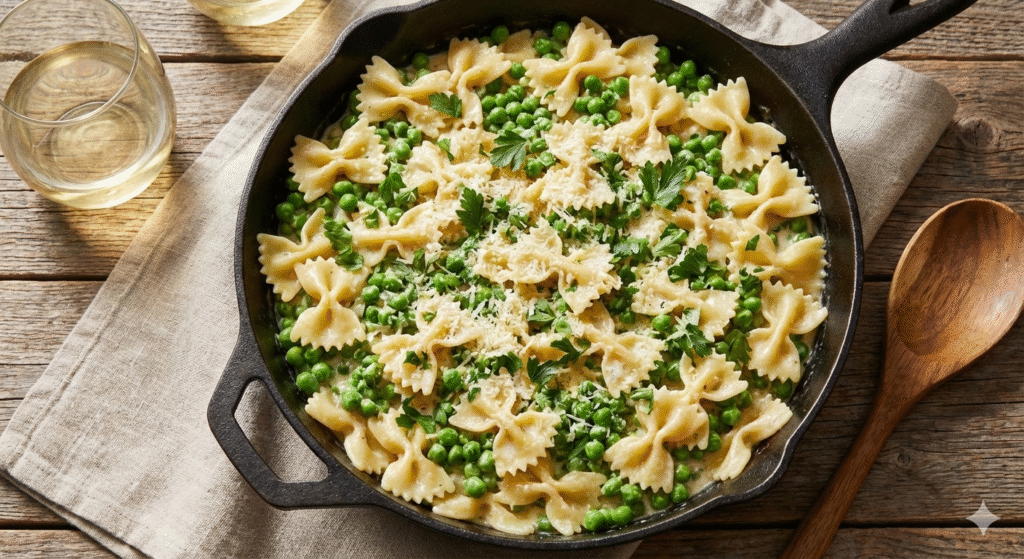 Creamy parmesan pea farfalle with sweet peas.