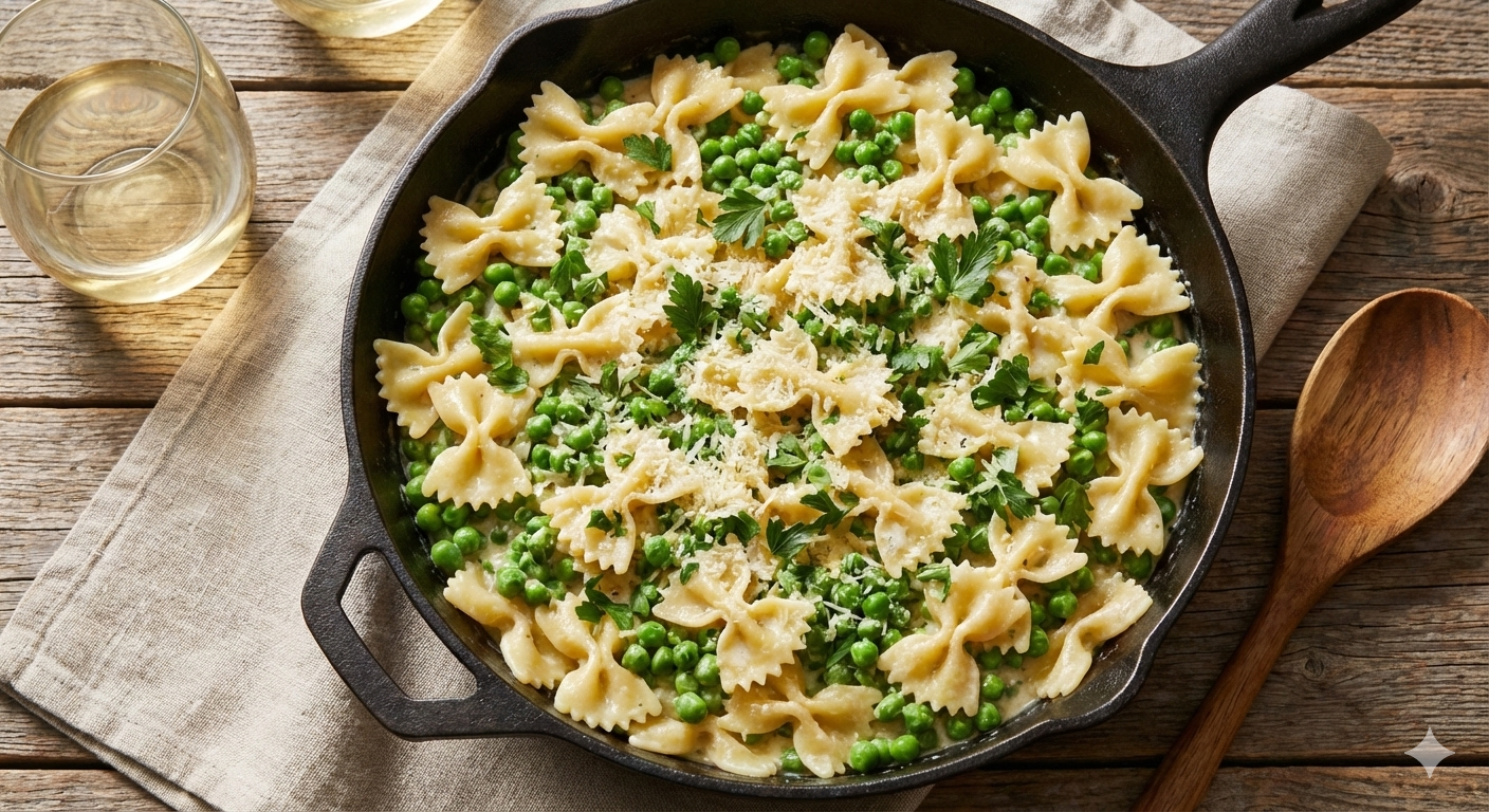 Creamy parmesan pea farfalle with sweet peas.