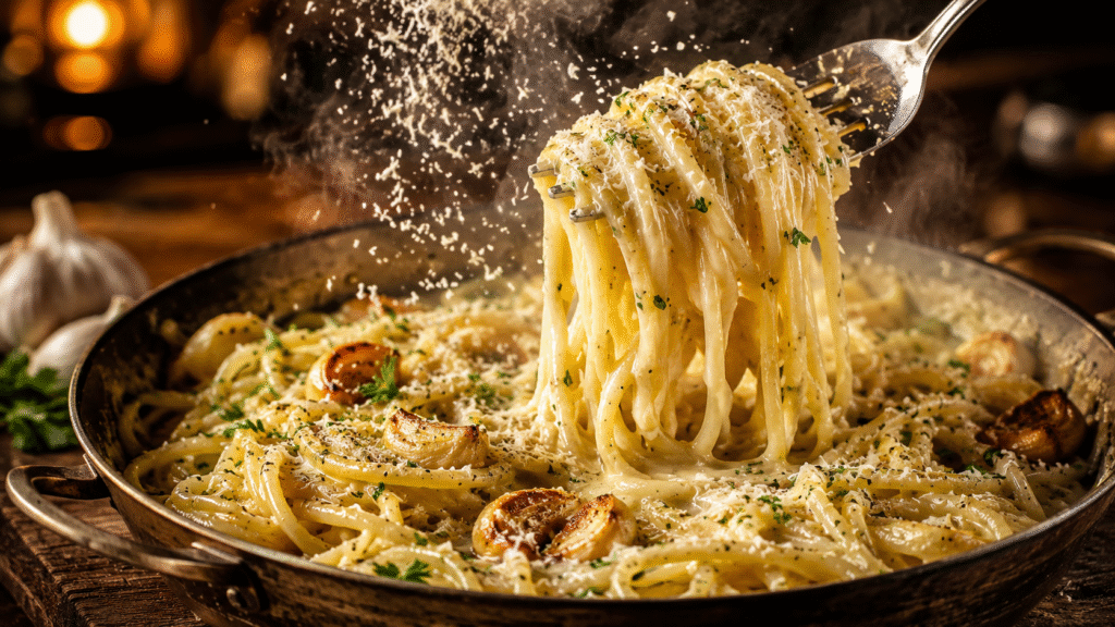 Silky garlic Parmesan pasta with roasted garlic cloves, fresh parsley, and grated Parmesan as a fork lifts a creamy twirl of noodles above a rustic skillet.