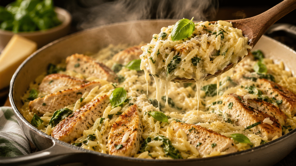 Creamy basil chicken orzo with golden-seared chicken, fresh basil, spinach, and Parmesan sauce, served in a skillet with a spoon lifting a rich scoop of creamy orzo.