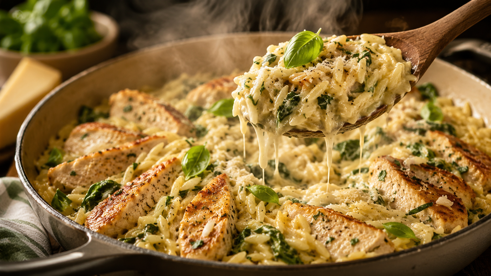 Creamy basil chicken orzo with golden-seared chicken, fresh basil, spinach, and Parmesan sauce, served in a skillet with a spoon lifting a rich scoop of creamy orzo.