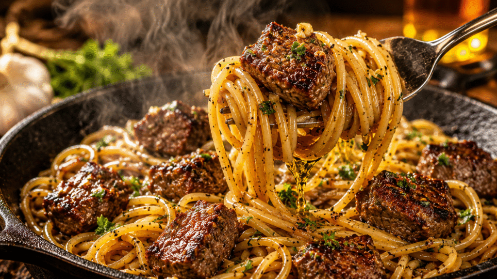 Garlic Butter Steak Bites Spaghetti with a fork lifting glossy noodles and seared steak bites coated in rich garlic butter sauce, garnished with parsley and black pepper.