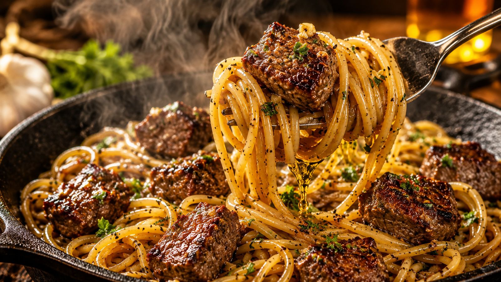 Garlic Butter Steak Bites Spaghetti with a fork lifting glossy noodles and seared steak bites coated in rich garlic butter sauce, garnished with parsley and black pepper.