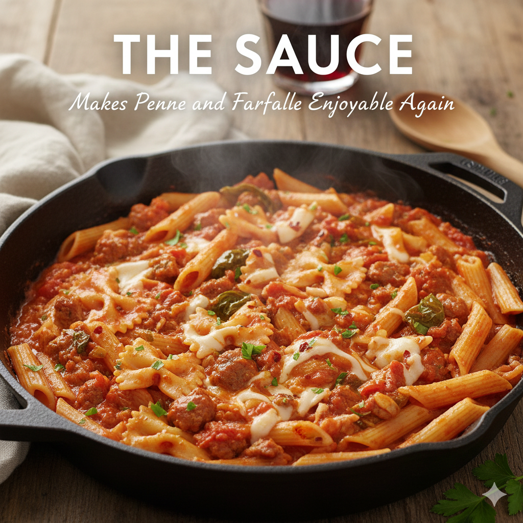 Creamy sauce-coated penne and farfalle pasta tossed in a rich tomato-cream base with herbs and parmesan in a skillet
