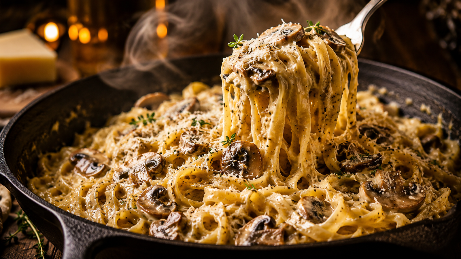 Mushroom Truffle Tagliatelle with sautéed mushrooms and silky tagliatelle coated in a rich truffle cream sauce, lifted on a fork above a cast-iron skillet.