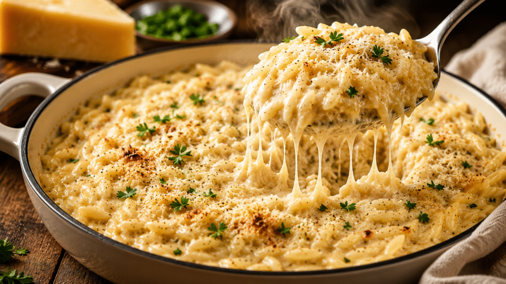Creamy Parmesan orzo in a skillet with a spoon lifting a cheesy scoop of tender orzo, featuring a rich Parmesan sauce, melted cheese pull, and fresh parsley garnish.
