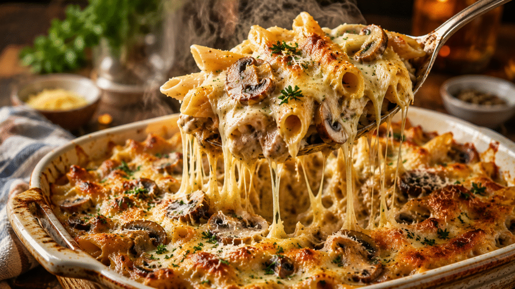 Creamy Mushroom Ziti Bake with a spoon lifting cheesy pasta from a bubbling casserole, featuring golden mushrooms, melted cheese pulls, and rich creamy sauce.
