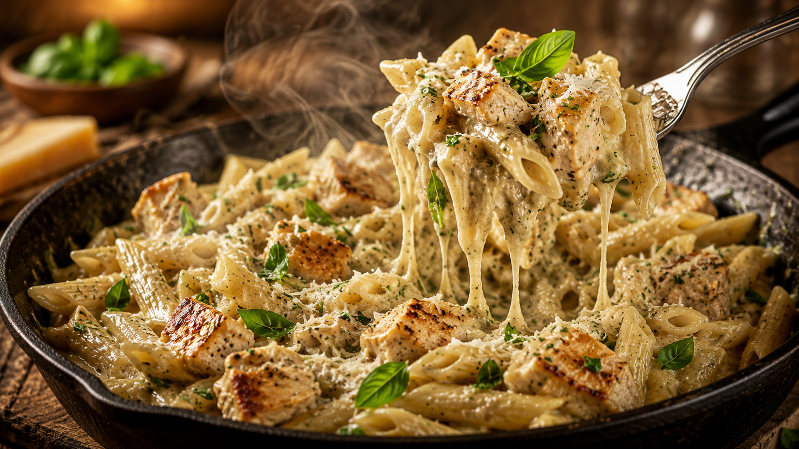 Creamy Herb Chicken Penne with a fork lifting sauce-coated penne and golden-seared chicken pieces from a skillet filled with rich garlic herb cream sauce.