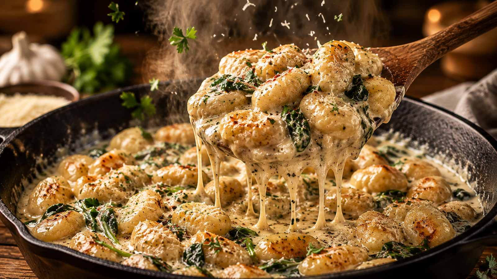 Creamy garlic butter gnocchi skillet with golden pan-seared gnocchi in a rich Parmesan cream sauce, lifted from a cast-iron skillet with a wooden spoon as sauce drips back into the pan