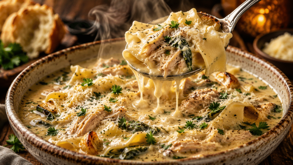 Creamy Garlic Chicken Lasagna Soup with tender lasagna noodles, shredded chicken, spinach, roasted garlic, and Parmesan cream broth in a rustic bowl.