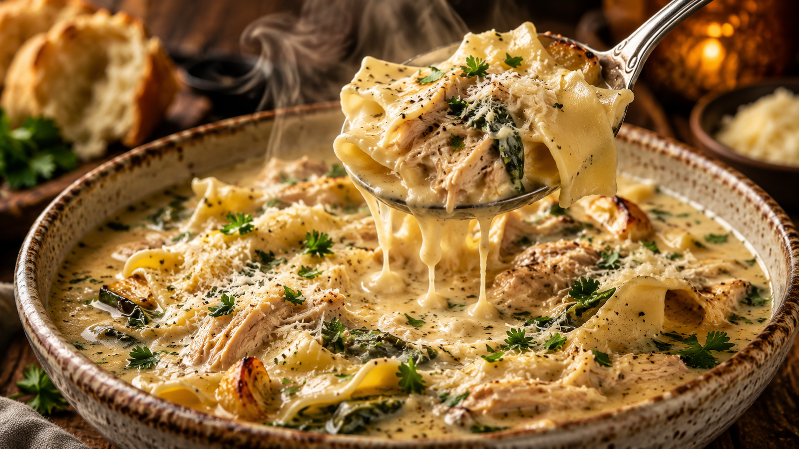 Creamy Garlic Chicken Lasagna Soup with tender lasagna noodles, shredded chicken, spinach, roasted garlic, and Parmesan cream broth in a rustic bowl.