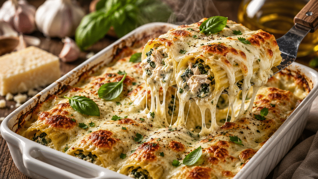 Creamy Basil Chicken Manicotti Bake in a rustic ceramic baking dish with manicotti filled with chicken, spinach, ricotta, mozzarella, and Parmesan in a creamy garlic basil sauce.
