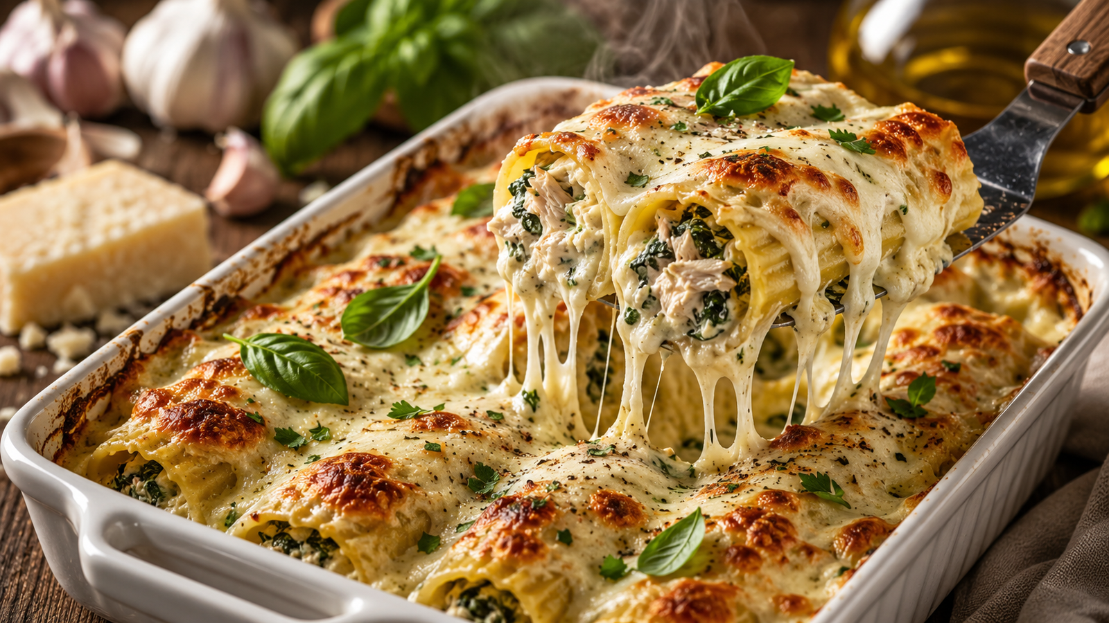 Creamy Basil Chicken Manicotti Bake in a rustic ceramic baking dish with manicotti filled with chicken, spinach, ricotta, mozzarella, and Parmesan in a creamy garlic basil sauce.