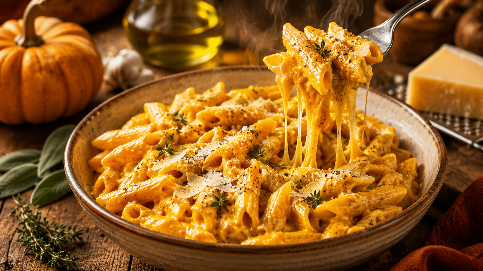 Creamy Pumpkin Penne Alfredo served in a rustic ceramic bowl, featuring tender penne pasta coated in a rich pumpkin Parmesan Alfredo sauce with a fork lifting a cheesy bite.