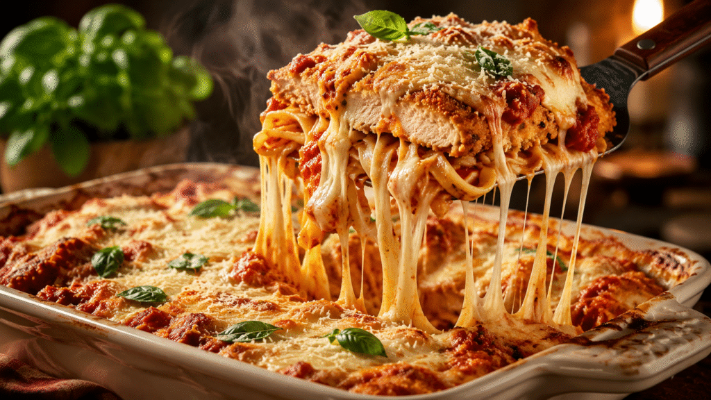 Chicken Parmesan Fettuccine Bake with crispy breaded chicken, melted mozzarella cheese pulls, rich marinara sauce, and fettuccine pasta lifted from a baked casserole dish.