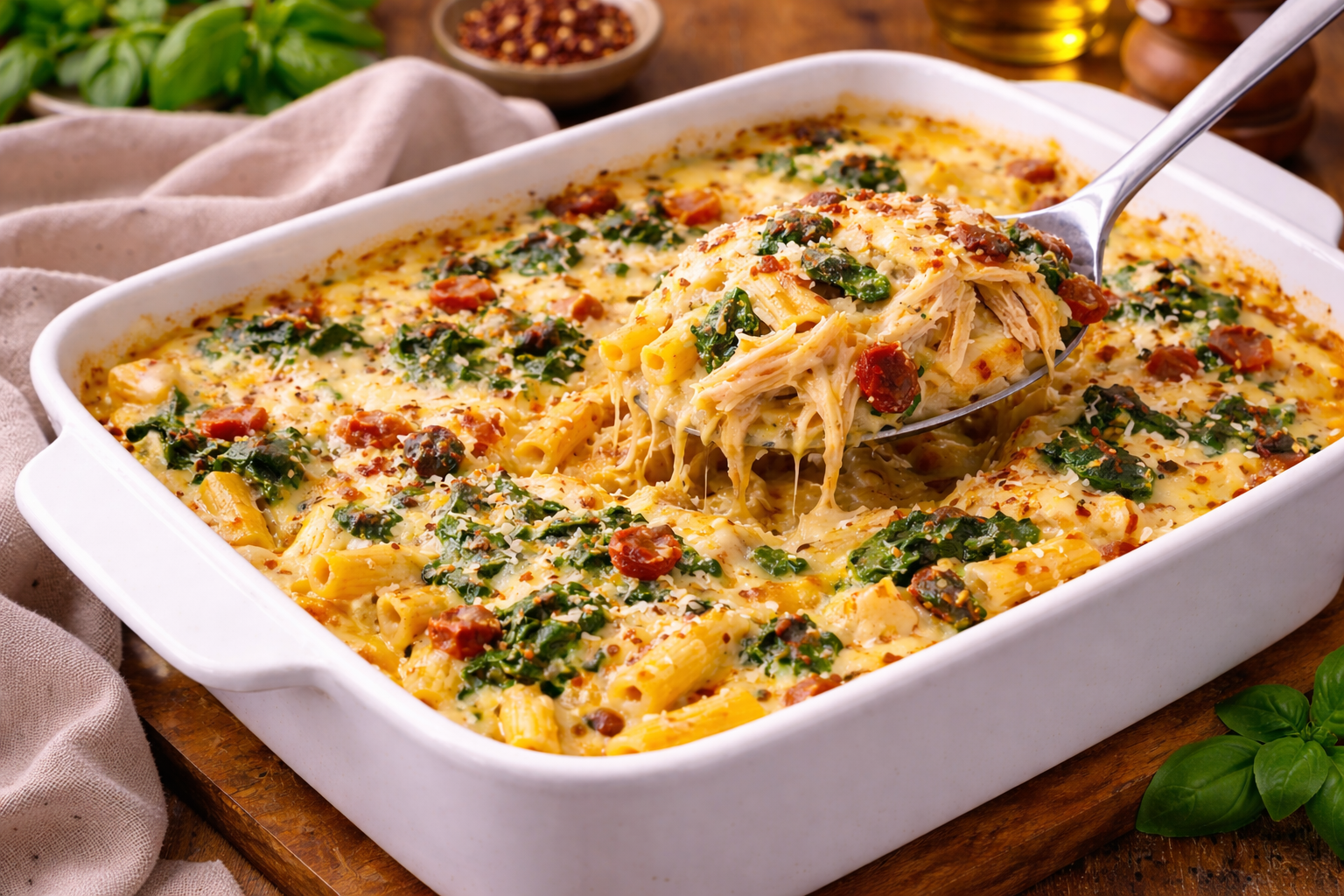 Creamy Tuscan chicken casserole with pasta, spinach, sun-dried tomatoes, and melted cheese in a baking dish.