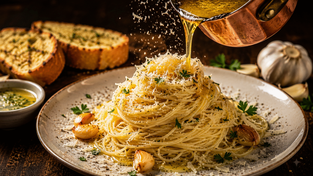 Garlic Butter Parmesan Angel Hair Pasta elegantly swirled into a nest, drizzled with rich garlic butter, finished with freshly grated Parmesan, roasted garlic cloves, parsley, and cracked black pepper.