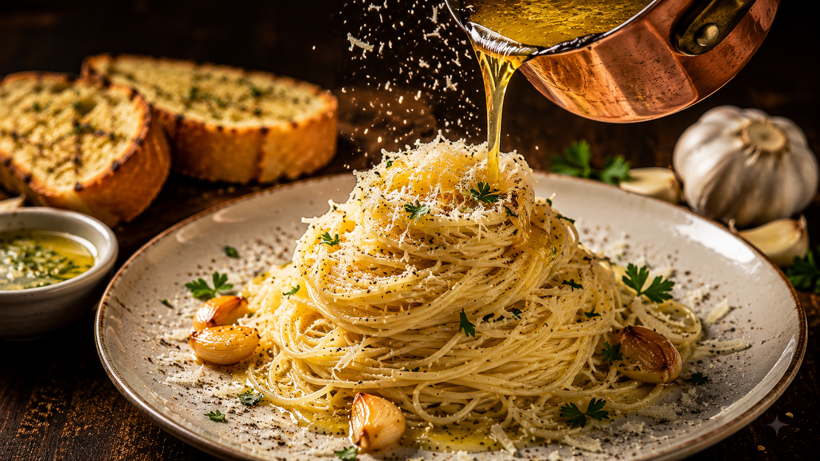 Garlic Butter Parmesan Angel Hair Pasta elegantly swirled into a nest, drizzled with rich garlic butter, finished with freshly grated Parmesan, roasted garlic cloves, parsley, and cracked black pepper.