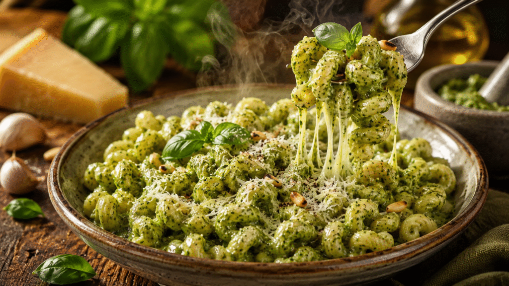 Creamy Pesto Cavatappi Pasta served in a rustic ceramic bowl, featuring tender cavatappi coated in a rich basil pesto cream sauce with a fork lifting a cheesy, steaming bite, garnished with fresh basil, toasted pine nuts, and grated Parmesan.