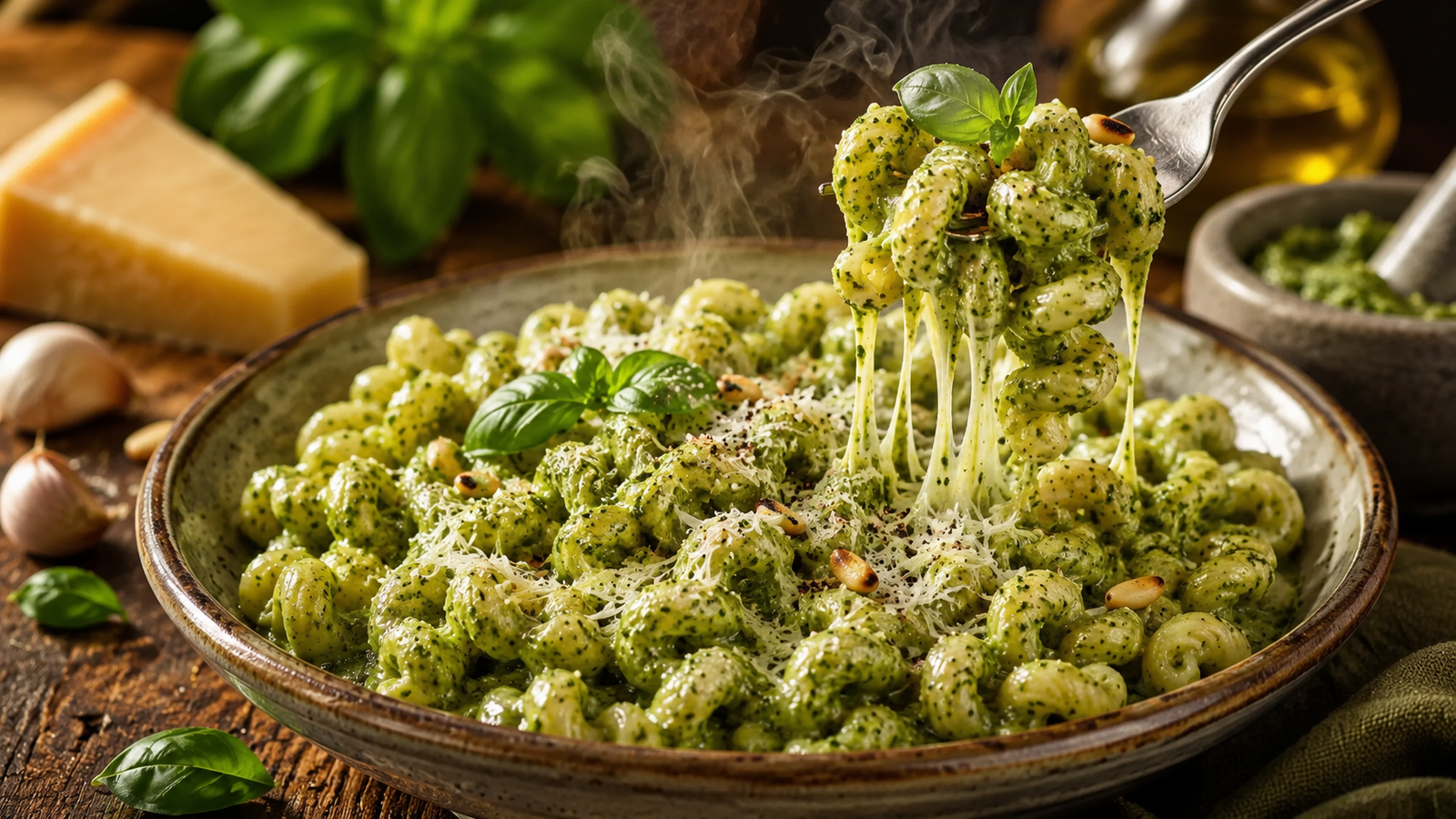 Creamy Pesto Cavatappi Pasta served in a rustic ceramic bowl, featuring tender cavatappi coated in a rich basil pesto cream sauce with a fork lifting a cheesy, steaming bite, garnished with fresh basil, toasted pine nuts, and grated Parmesan.