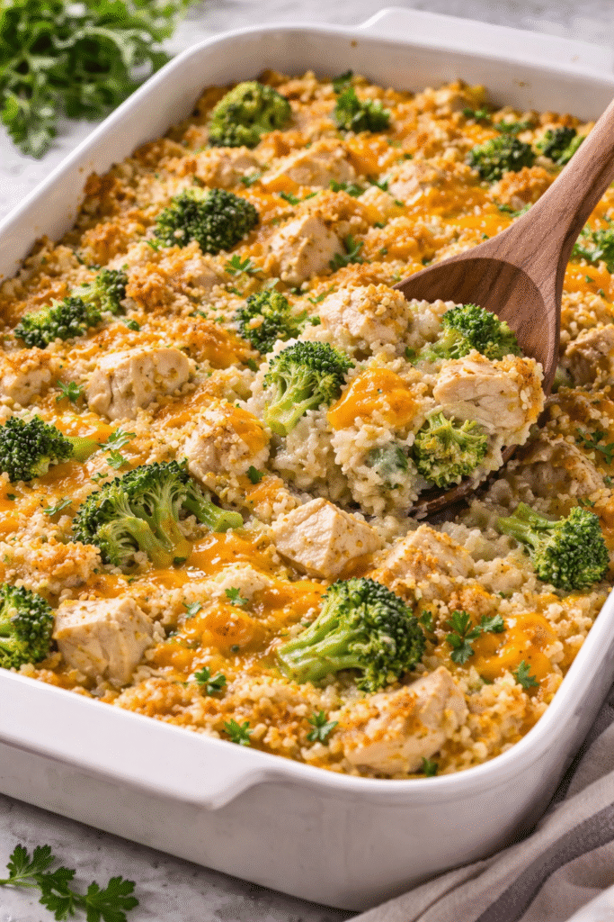 Cheesy chicken broccoli rice casserole in a white baking dish with tender chicken, broccoli florets, and a creamy golden cheese topping.