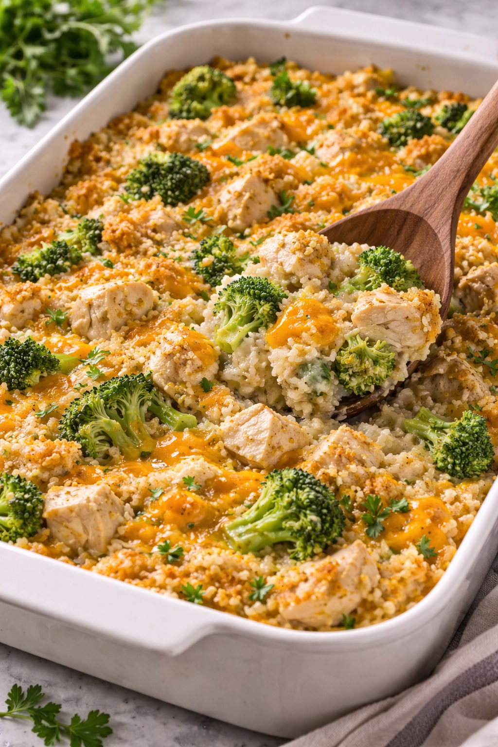 Cheesy chicken broccoli rice casserole in a white baking dish with tender chicken, broccoli florets, and a creamy golden cheese topping.