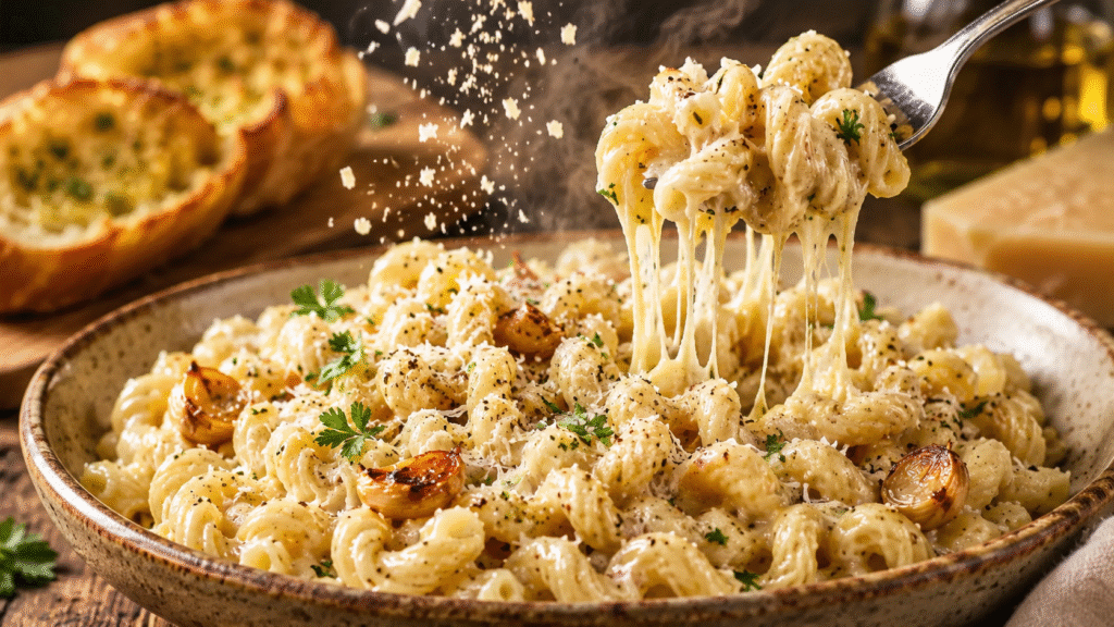 Creamy Garlic Butter Cavatappi served in a rustic ceramic bowl, featuring tender cavatappi coated in a rich garlic Parmesan butter sauce with a fork lifting a cheesy, steaming bite.