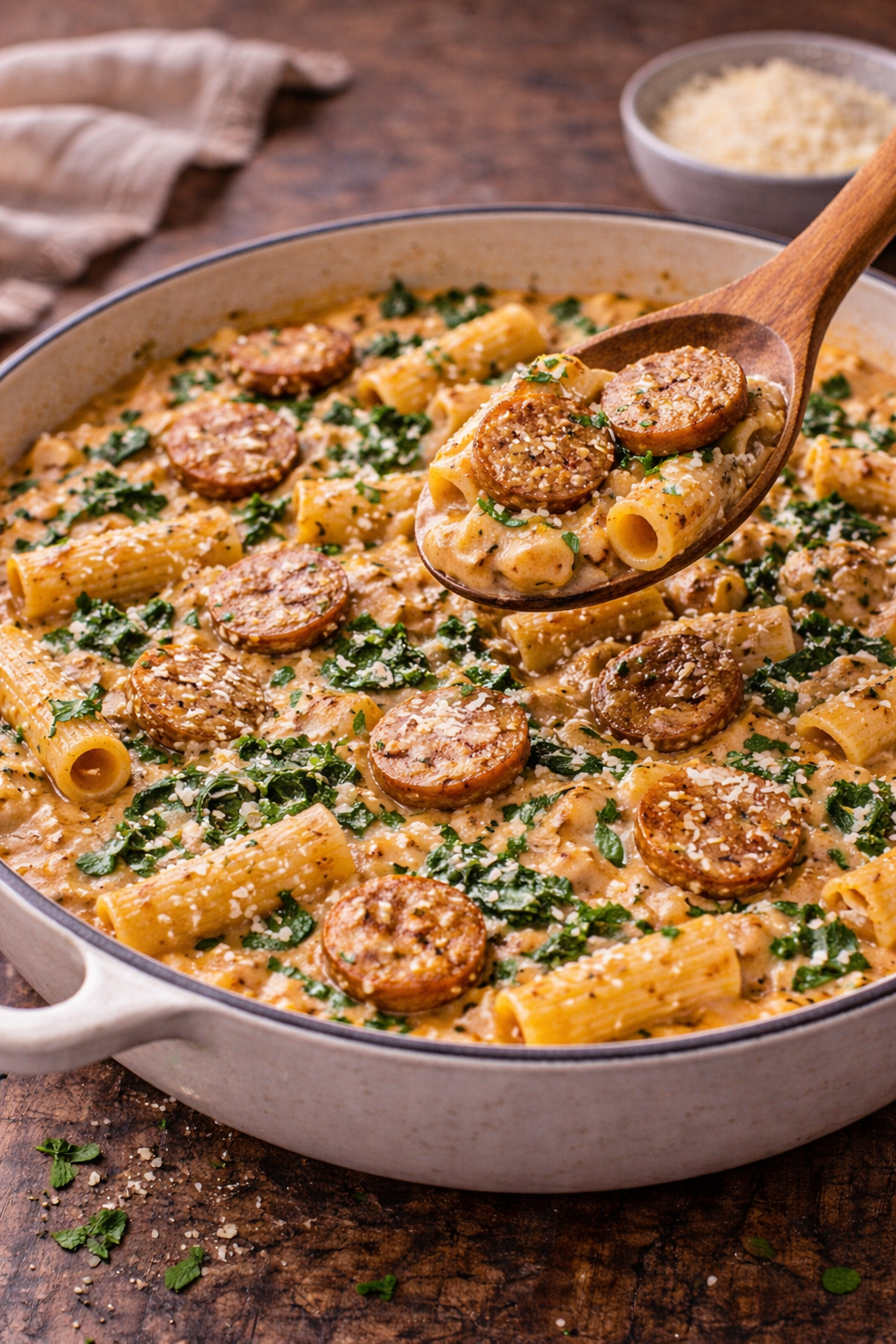 creamy sausage and spinach penne pasta in skillet with parmesan cheese and herbs