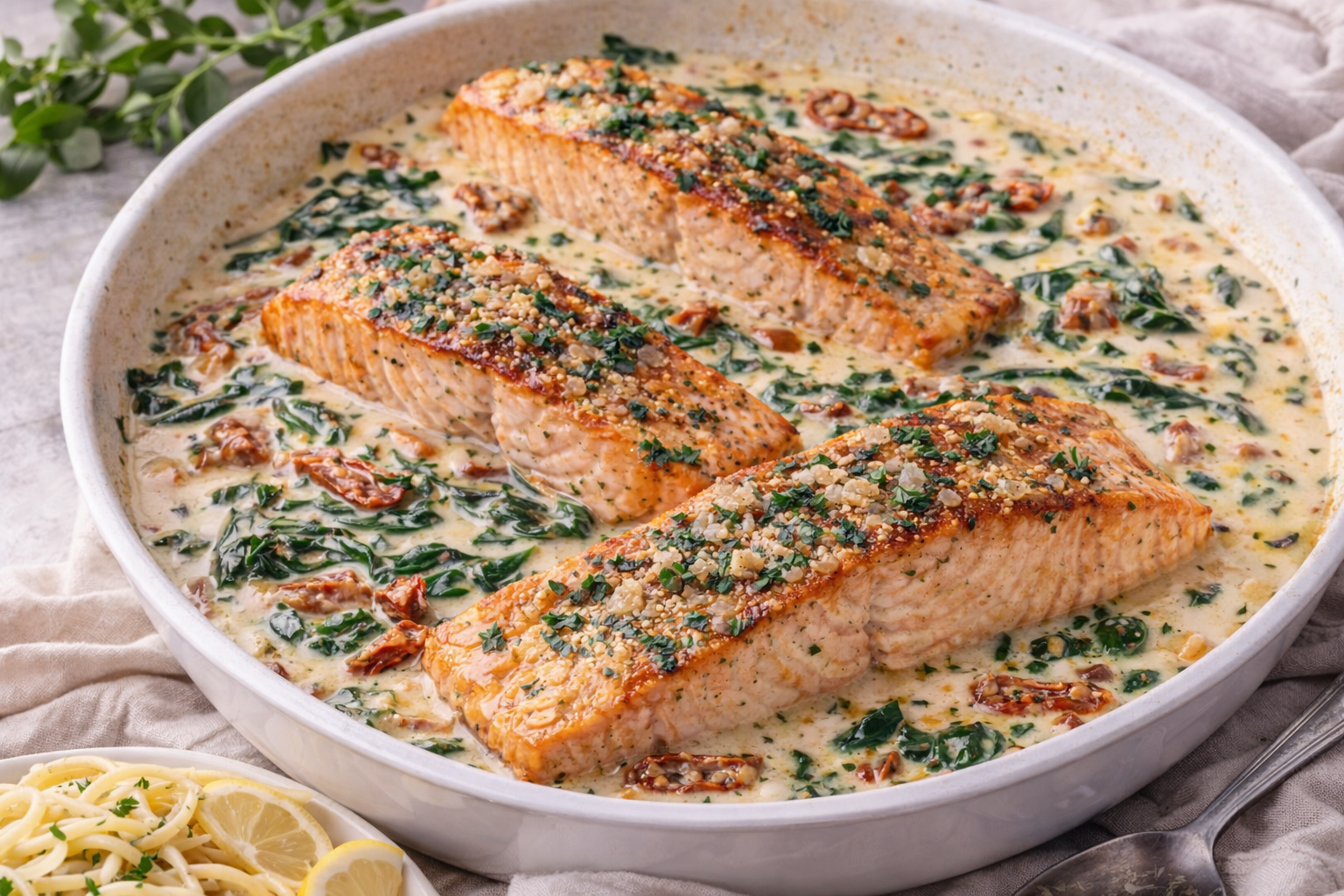 Creamy Tuscan salmon in a rich garlic parmesan sauce with spinach and sun-dried tomatoes in a skillet. Caption: