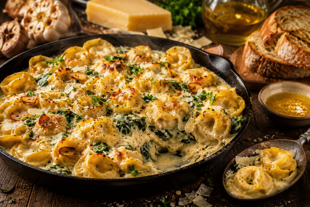 Creamy Garlic Tortellini Pan baked in a cast-iron skillet with cheese-filled tortellini, garlic Parmesan cream sauce, wilted spinach, roasted garlic chips, and a bubbling golden mozzarella topping.
