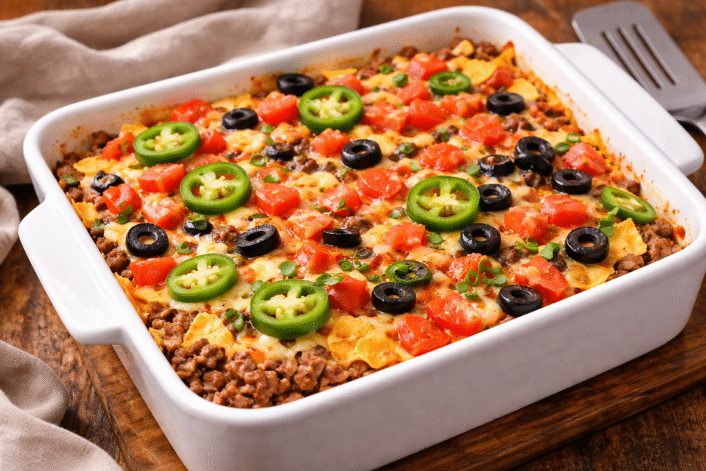 Easy taco casserole with ground beef, cheese, tortilla chips, and toppings baked in a dish