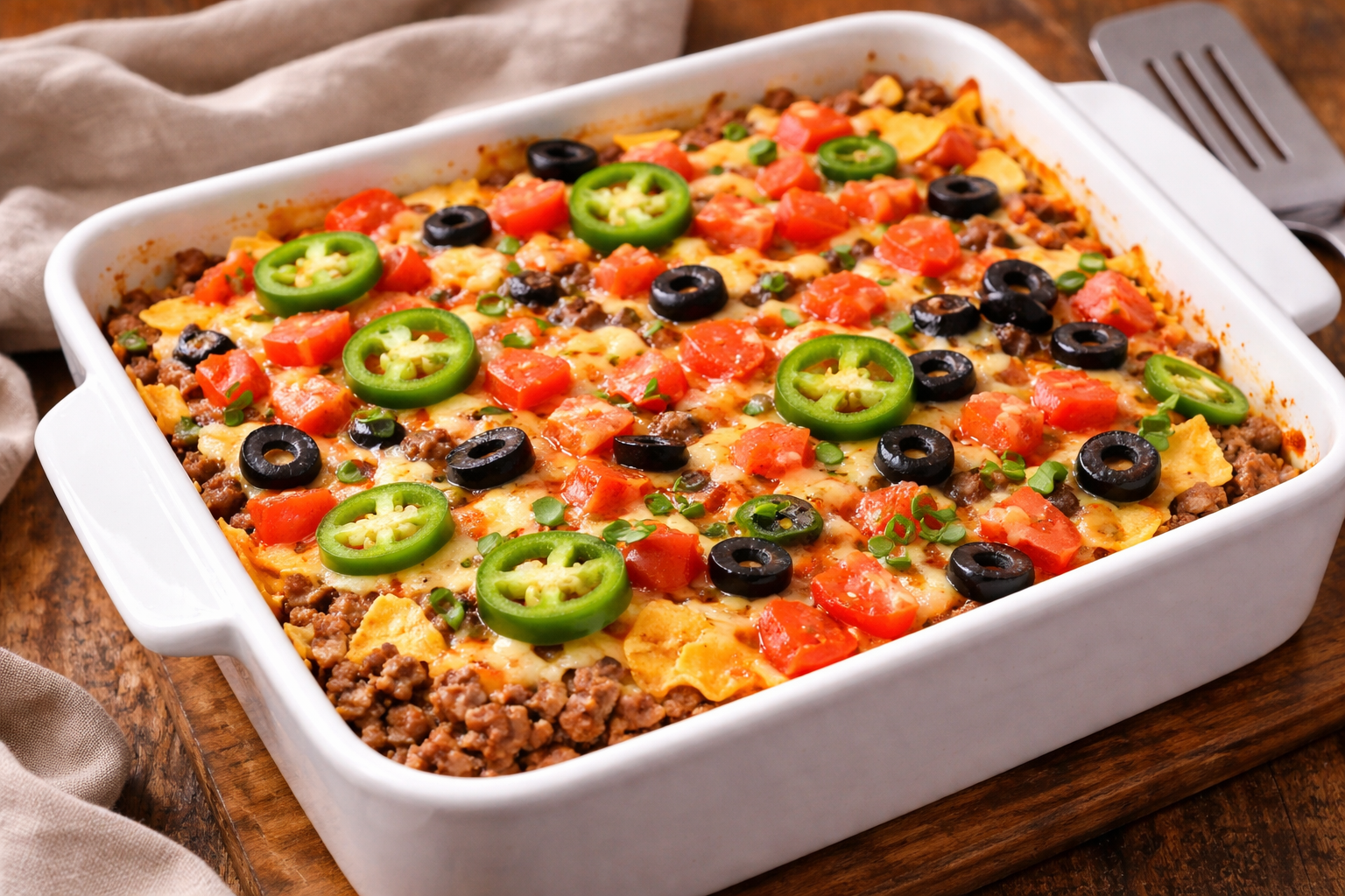 Easy taco casserole with ground beef, cheese, tortilla chips, and toppings baked in a dish